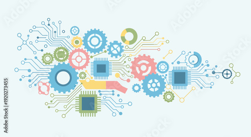 Abstract Technology Gears and Circuit Board Vector Illustration, Digital Concept, Flat Design, Top View, Innovation Background