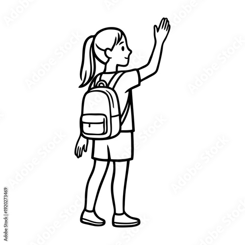 Regreso a las clases. Dibujo sencillo con líneas de una niña de primaria con mochila de pie saludando 