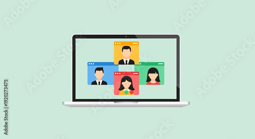 Online Video Conference Team Members on Laptop Screen, Remote Work, Business, Office, Flat Vector, Workspace, Overhead, Collaboration
