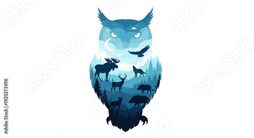 Wildlife Silhouettes Vector Illustration of Owl with Forest Animals, Nature Scene, Minimalist Design, White Background, Concept Art