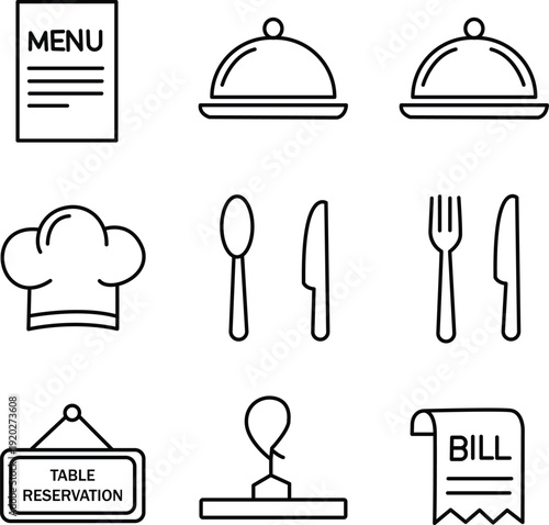 Restaurant Service Icon Set Vector Illustration with Menu, Chef, Reservation, and Bill.