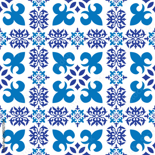 Talavera pattern. Azulejos portugal. Turkish ornament. Moroccan tile mosaic. Spanish porcelain. Ceramic tableware, folk print. Spanish pottery. Ethnic background. Mediterranean seamless  wallpaper.