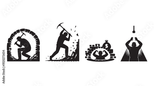 Black Silhouette Vector Illustrations Of Miners And Businessman For Industry And Finance Concepts