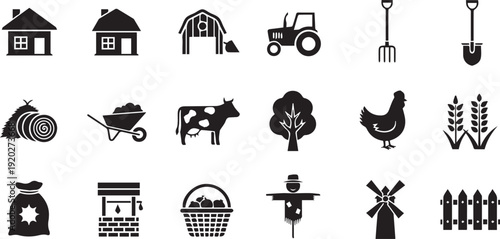 Farm and Agriculture Icons Set – Rural Life Solid Glyph Vector Collection