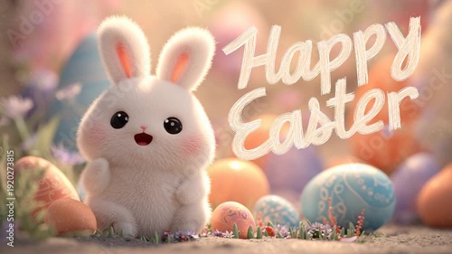 Cute bunny with Easter eggs in a colorful garden celebrating the holiday during springtime
