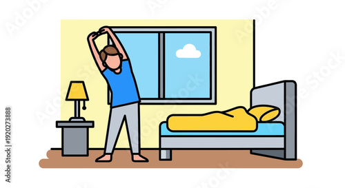 Man Stretching in Bedroom Morning Routine.