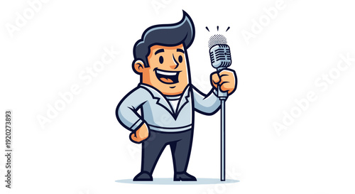 Cartoon Character Singing Into Vintage Microphone.