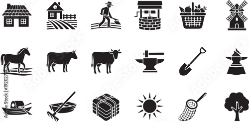 Rural Farm and Countryside Icons – Agriculture Solid Vector Set