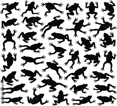 "Collection of black frog silhouettes in varied poses and limb positions, arranged in grid format, ideal for wildlife design, nature illustration, and creative projects"