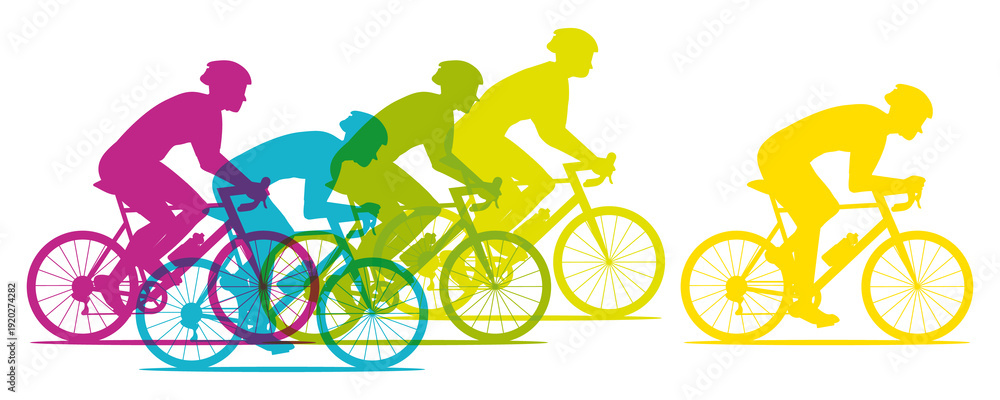 Obraz premium Banner of cyclists competing in a cycling race. Colorful silhouettes. Hand-drawn illustration.
