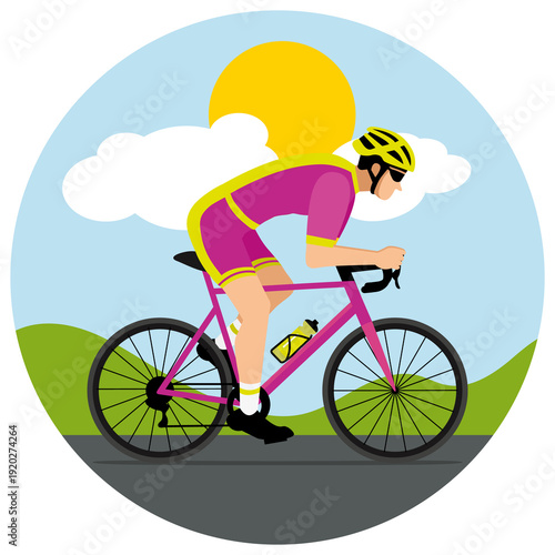 Cyclist with helmet and sunglasses riding a bicycle. Summer day. Purple and green flat design. Hand drawn illustration.