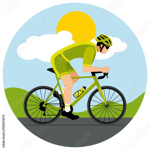 Cyclist with helmet and sunglasses riding a bicycle. Summer day. Green  flat design. Hand drawn illustration.