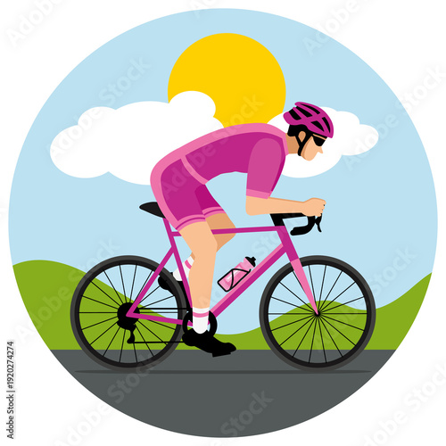 Cyclist with helmet and sunglasses riding a bicycle. Summer day. Purple flat design. Hand drawn illustration.