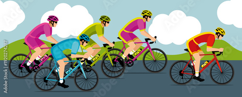 Banner of cyclists competing in a cycling race. Colorful shorts and jerseys. Meadows landscape. Hand-drawn illustration.