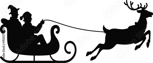 Santa Claus sleigh silhouette with reindeer in flight, Christmas holiday vector illustration isolated on white background festive winter clipart design