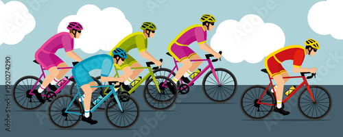 Banner of cyclists competing in a cycling race. Colorful shorts and jerseys. Hand-drawn illustration.
