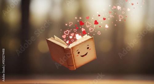 Smiling Cartoon Book with Hearts Flying Out in Blurred Forest Background, Isolated, 3D Render