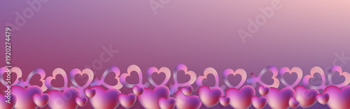 Atmospheric horizontal composition with 3D Venus symbols and glossy hearts. Ethereal purple mesh gradient background for International Women's Day. Modern digital art for 8 March, copy space.