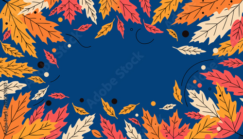 Top-view autumn frame composition with scattered leaves forming a natural border, leaving clean copy space in the center for seasonal greetings, invitations, and festive announcements.