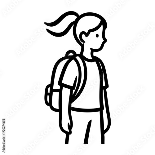 Regreso a las clases. Dibujo sencillo con líneas de una niña de primaria con mochila de pie