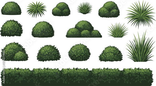 Green bush and hedge collection isolated on white background, decorative garden shrub set for landscaping design elements, flat vector illustration