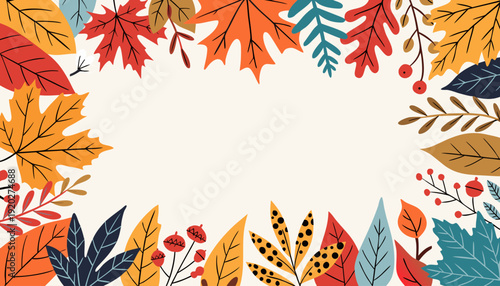 Top-view autumn frame composition with scattered leaves forming a natural border, leaving clean copy space in the center for seasonal greetings, invitations, and festive announcements.