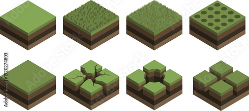 Isometric grass and ground terrain tiles set with cracked, broken and elevated blocks for game level design isolated on white background