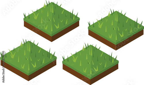 Isometric grass terrain tiles set, green land blocks with detailed blades for game map design isolated on white background