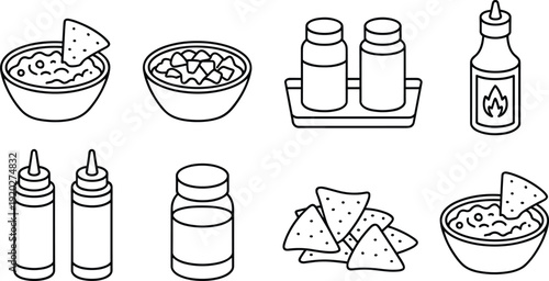 Mexican food and sauce line icon set with nachos, salsa bowl, hot sauce bottles and seasonings isolated on white background
