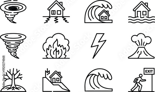 Natural disaster icon set with tornado, earthquake, tsunami, flood, wildfire, lightning, volcano and evacuation symbols isolated on white background