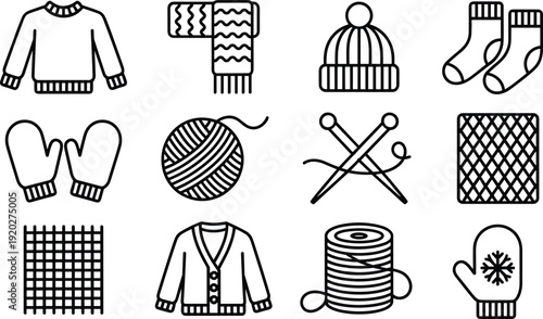 Winter knitting and warm clothing line icon set with sweater, scarf, hat, socks, mittens and yarn isolated on white background
