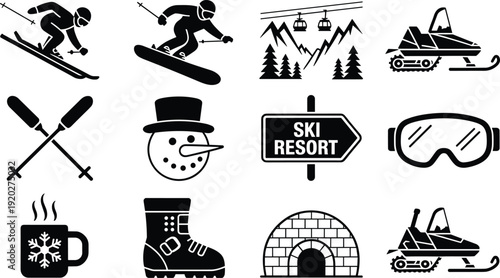 Winter sports and ski resort icon set featuring skiing, snowboarding, snowmobile, snowman, goggles, igloo and mountain elements isolated on white background