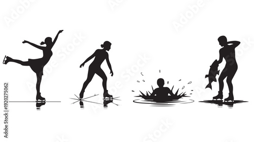 Silhouette Of People Ice Skating Vector Illustration For Sports And Recreation Concept