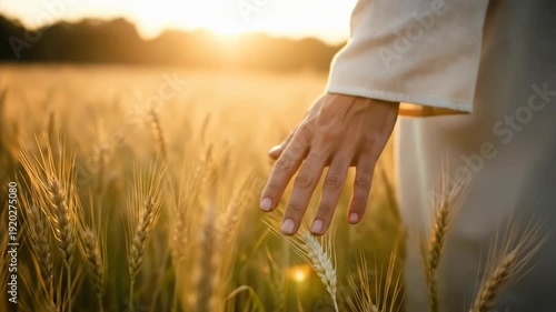 The hands of a historical figure in white, depicting Jesus, gently touch the ears of wheat in a field at sunset. A religious concept of Christianity.