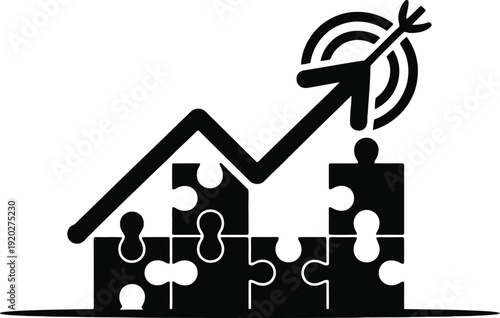 Business growth concept puzzle pieces forming a bar chart with upward trend arrow hitting a target goal.