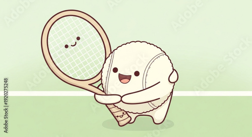Smiling Marshmallow Playing Tennis on Green Court