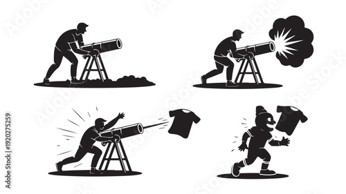 Vector Illustration Of Man Launching Objects With Catapult For Sports And Games Concept