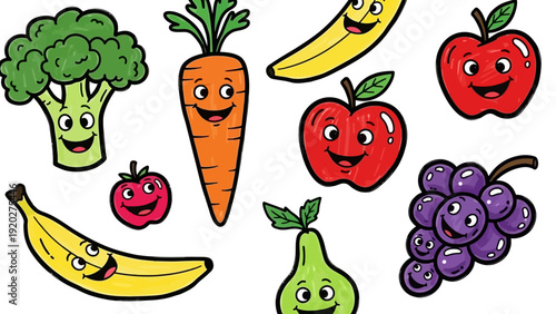 Smiling Cartoon Fruits And Vegetables Set.