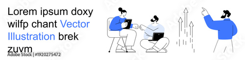 Teamwork, collaboration, productivity, business communication, growth, strategy. Two figures with laptops exchanging ideas and one pointing to upward arrows. Teamwork and productivity concept