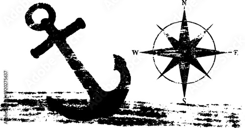 Nautical adventure design with anchor and compass star for vintage nautical themes