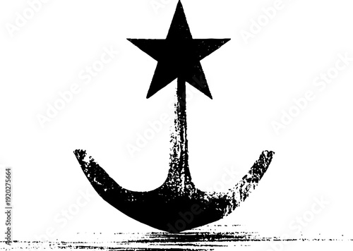Nautical ink illustration with anchor and star in high contrast design for prints