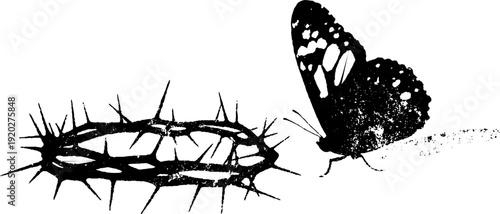 Butterfly and crown of thorns in high contrast black and white design