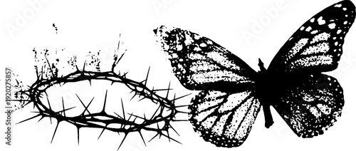 Butterfly and crown of thorns in high contrast black and white design for wall art or print