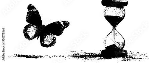 Timeless beauty: black and white butterfly and hourglass ink art for design