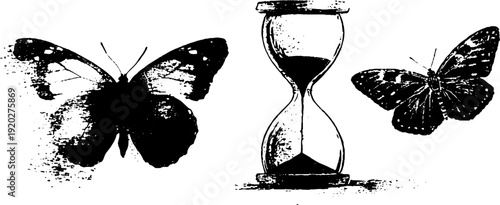 Butterfly and hourglass ink illustration in high contrast black and white for timeless designs