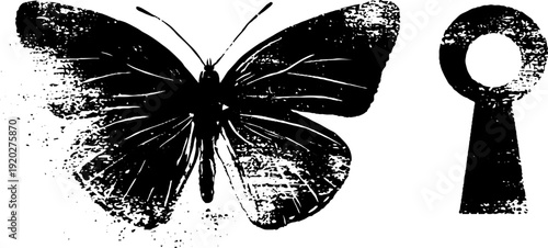 Intriguing butterfly and keyhole ink silhouette design for retro art projects