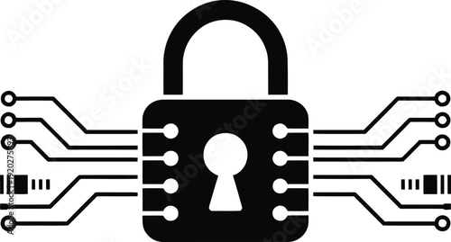 Cyber security concept digital padlock icon connected to circuit board traces representing data protection and encryption technology.