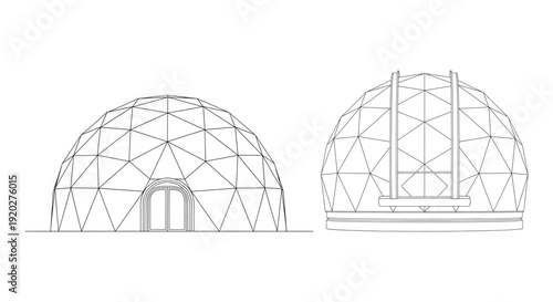 A technical drawing of a geodesic dome structure with two views