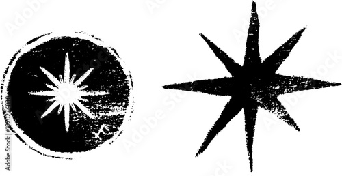 Vintage compass and star black and white ink design for nautical themes