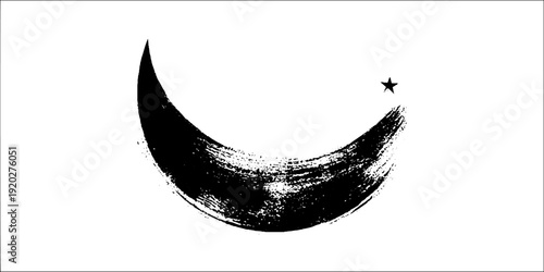 Crescent and star black and white ink illustration for design and decoration